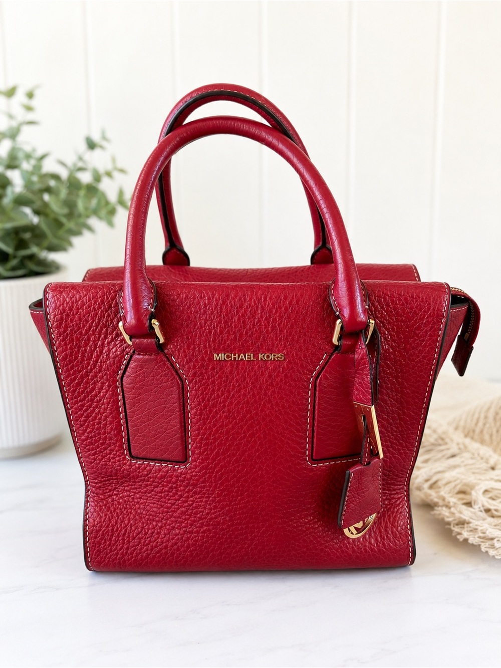 Michael Kors Selby Red Pebble Leather Medium Satchel.